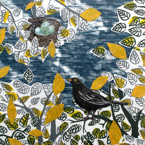 Artistic depiction of a bird and nest with autumn leaves on a textured background