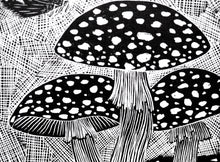 Load image into Gallery viewer, Molly Lemon Wood Engraving Toadstools
